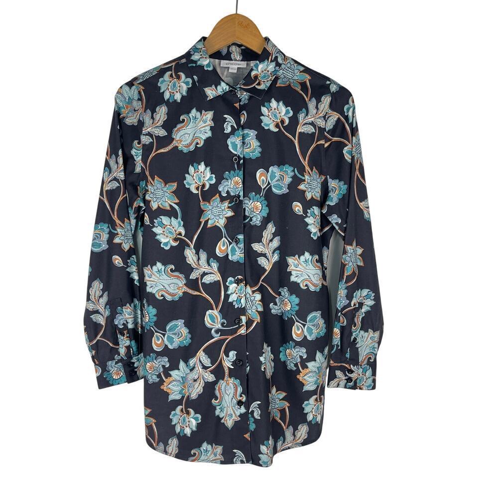 Chico's No Iron Stretch Floral Paisley Tunic Navy Button Front Women's 0.5 US 6